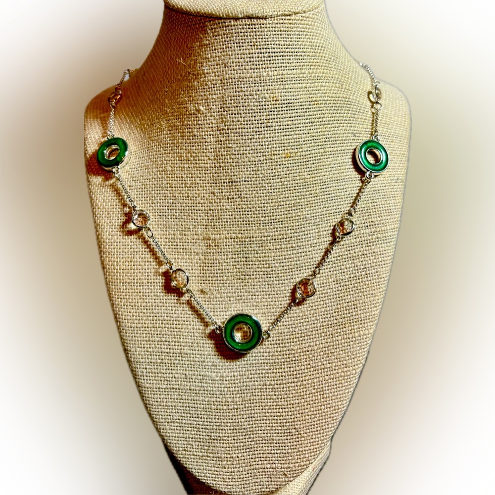 Stationed Enamel Green Rings And Chrystal Beads on 34” “ Silvertone Chain.